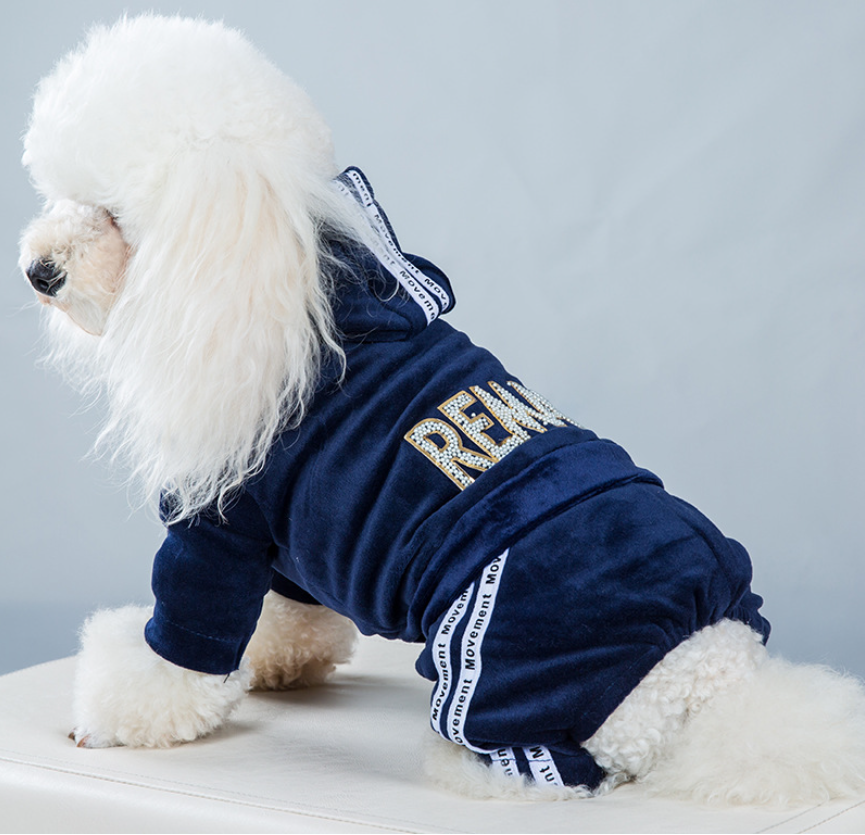 Pet Velvet Jumpsuit Athletic Hoodie with Rhinestone Design